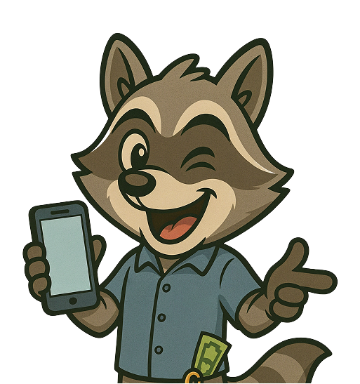 Friendly raccoon mascot with phone