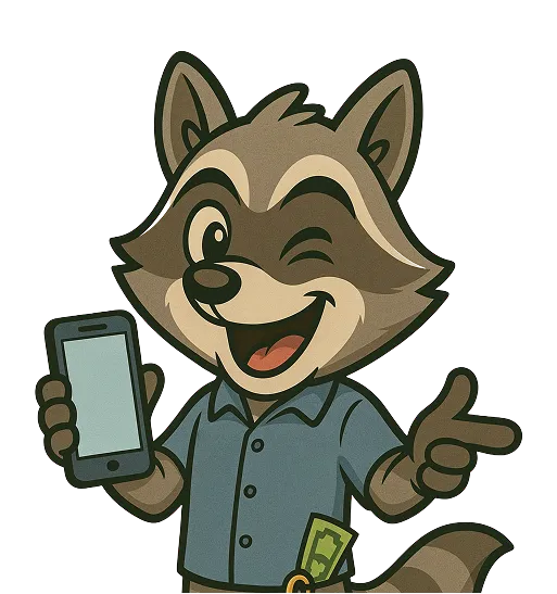 Friendly raccoon mascot with phone
